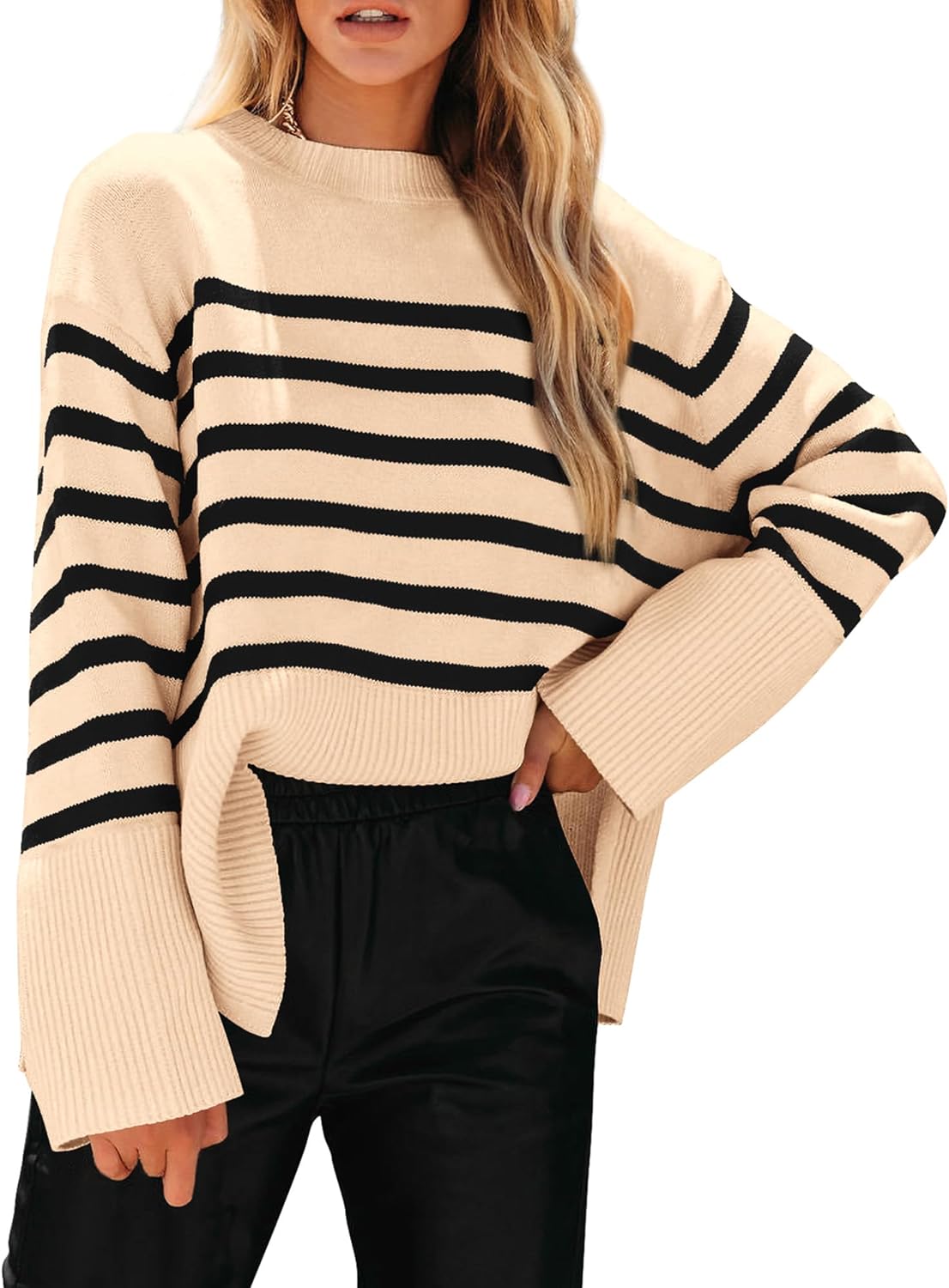 PRETTYGARDEN Women' 2023 Fall Striped Sweater Oversized Long Sleeve Crew Neck Side Slit Casual Trendy Knit Pullover Sweaters