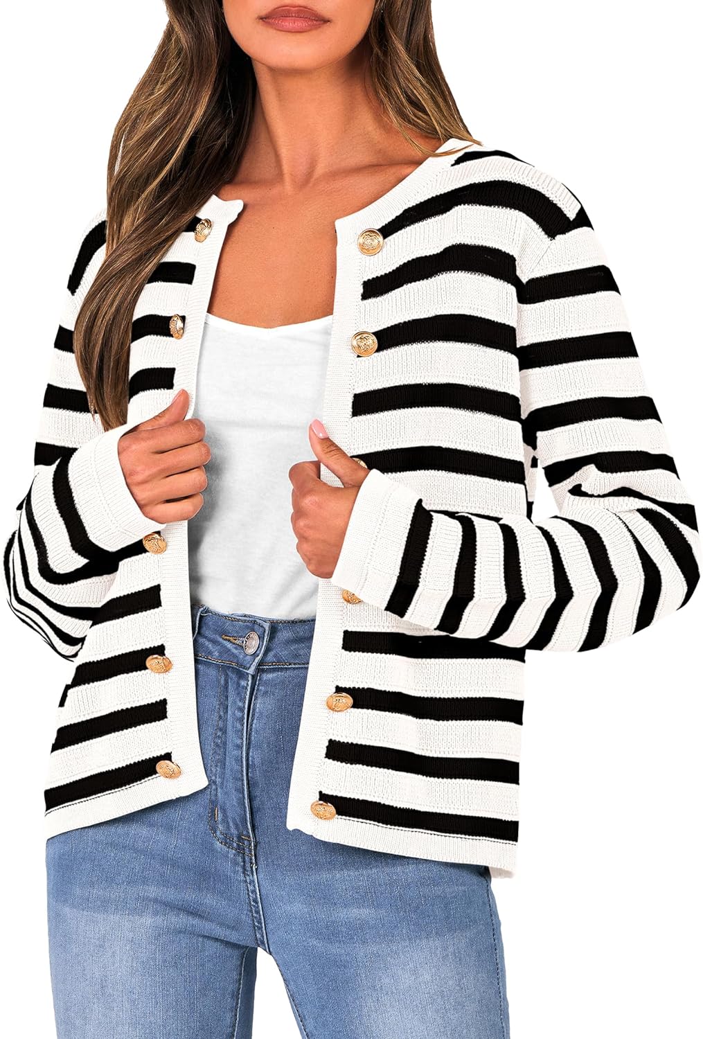 PRETTYGARDEN Women' Striped Cardigan Sweaters Ribbed Knit Long Sleeve Open Front Crewneck Casual Jackets