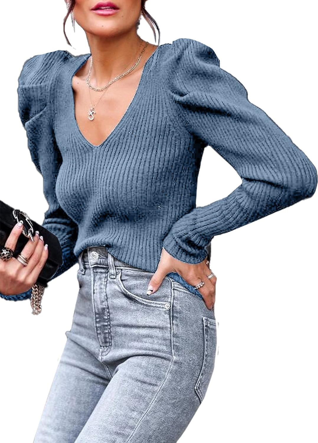 PRETTYGARDEN Women' Rib Knit Pullover Sweater Casual Long Puff Sleeve V Neck Solid Color Jumper Blouse Tops