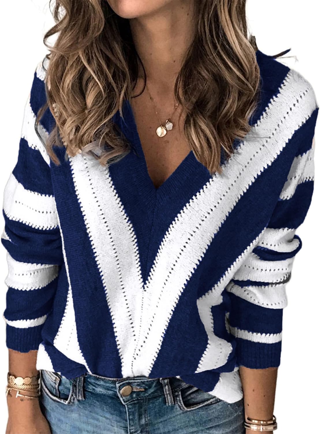PRETTYGARDEN Women' Fashion Long Sleeve Striped Color Block Knitted Sweater Crew Neck Loose Pullover Jumper Tops