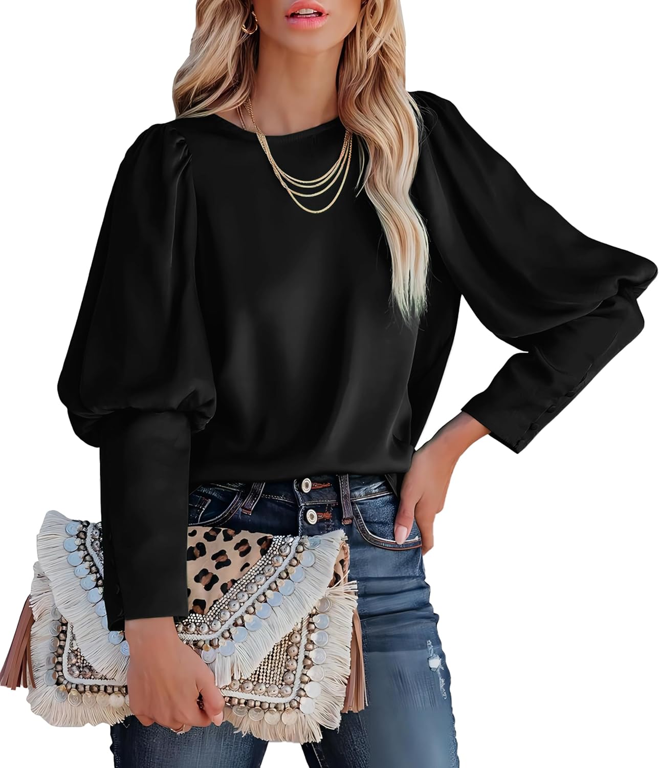 PRETTYGARDEN Women' 2023 Fashion Satin Tops Long Puff Sleeve Crewneck Casual Loose Fit Blouse Shirt