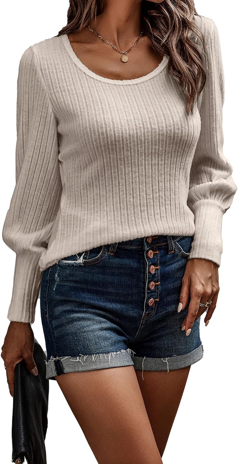 PRETTYGARDEN Women' Pullover Sweaters Long Lantern Sleeve Casual Crew Neck Ribbed Knit Jumper Blouse Tops