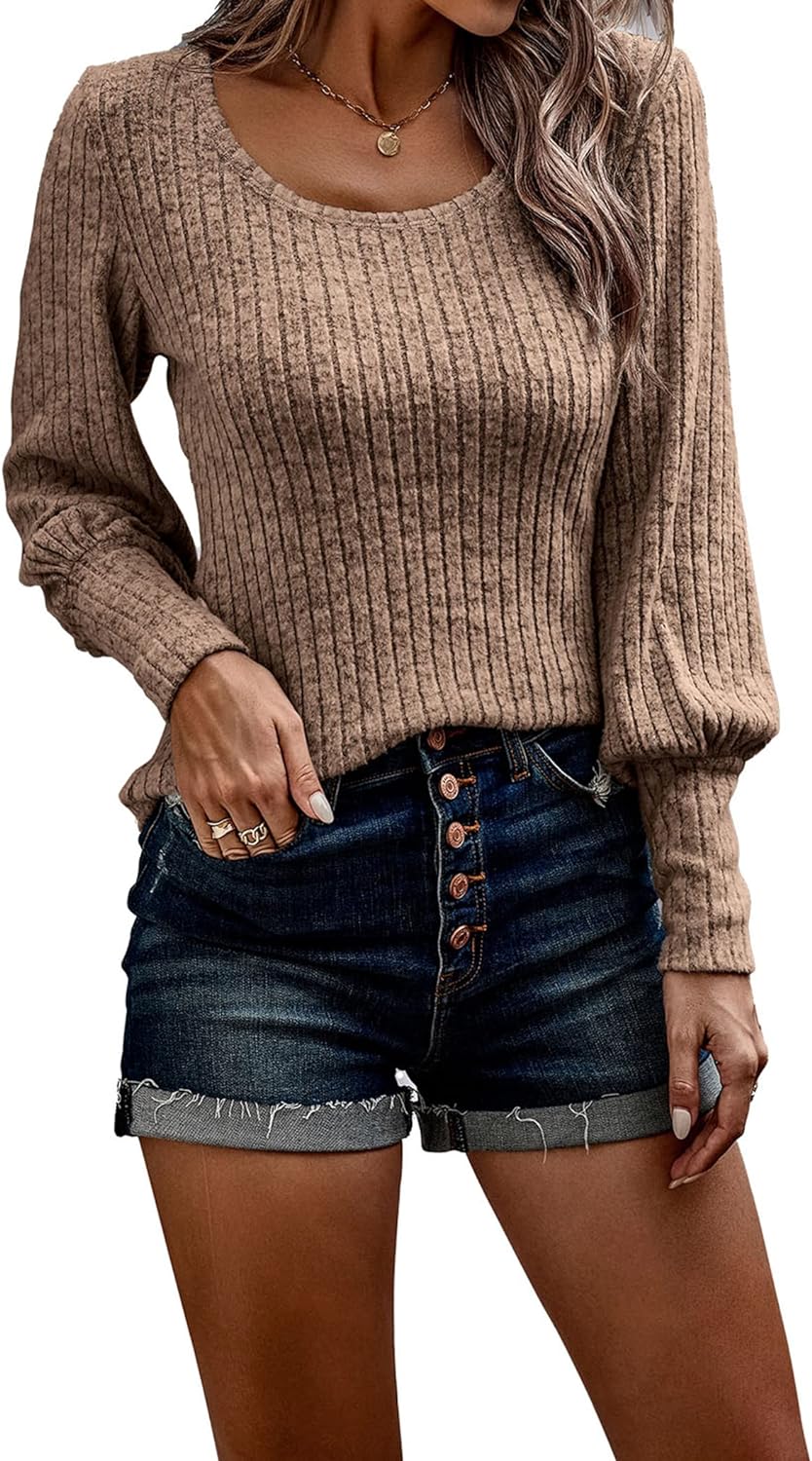 PRETTYGARDEN Women' Pullover Sweaters Long Lantern Sleeve Casual Crew Neck Ribbed Knit Jumper Blouse Tops