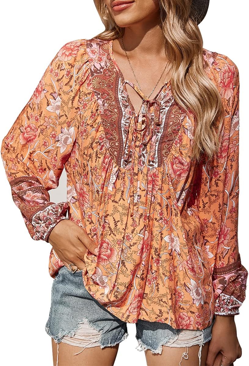 PRETTYGARDEN Women' Floral Ruffled Tunic Blouse Tie V Neck Casual Long Sleeve Babydoll Peplum Tops