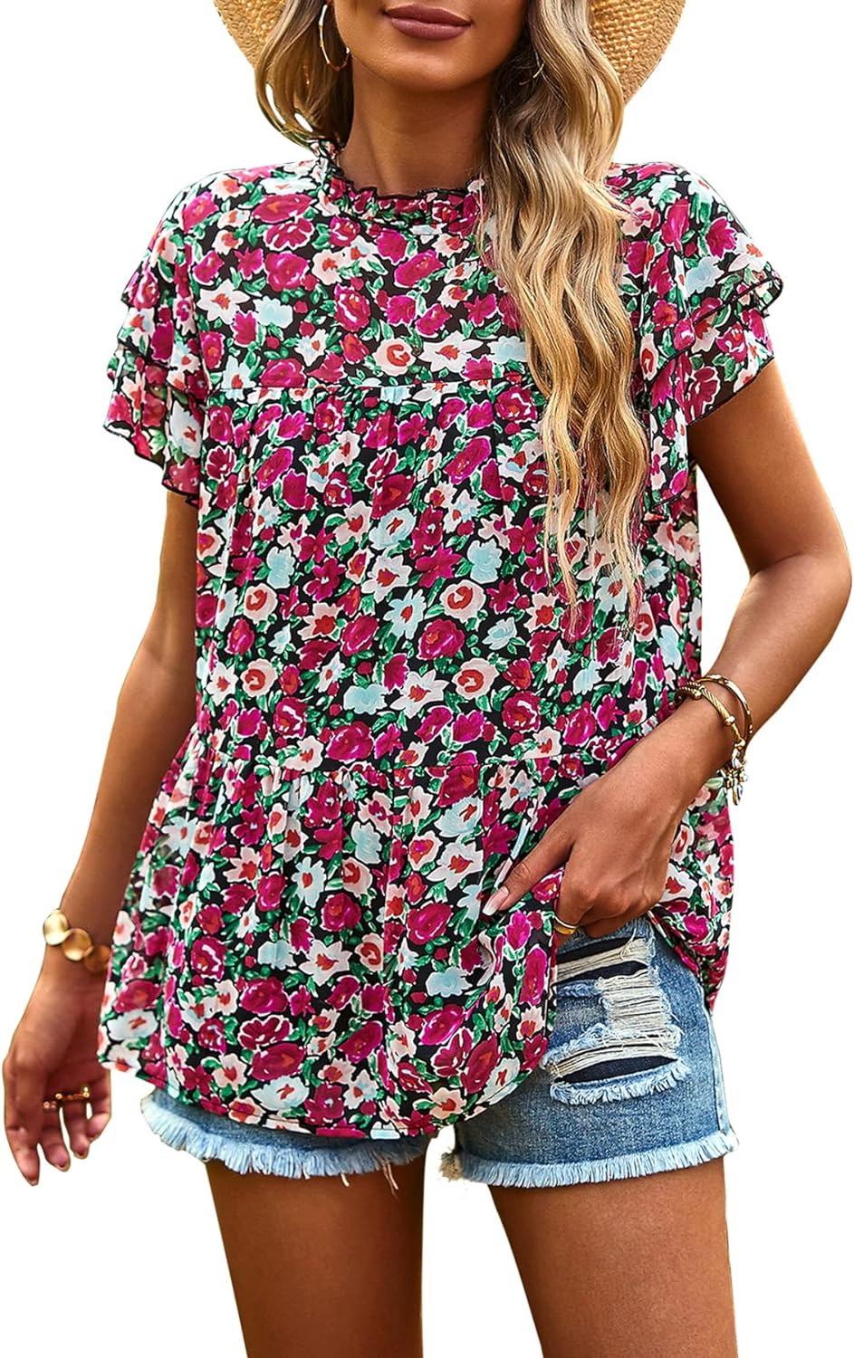 PRETTYGARDEN Women' Casual Summer Tops Ruffle Short Sleeve Mock Neck Fashion Floral Chiffon Blouse Shirts