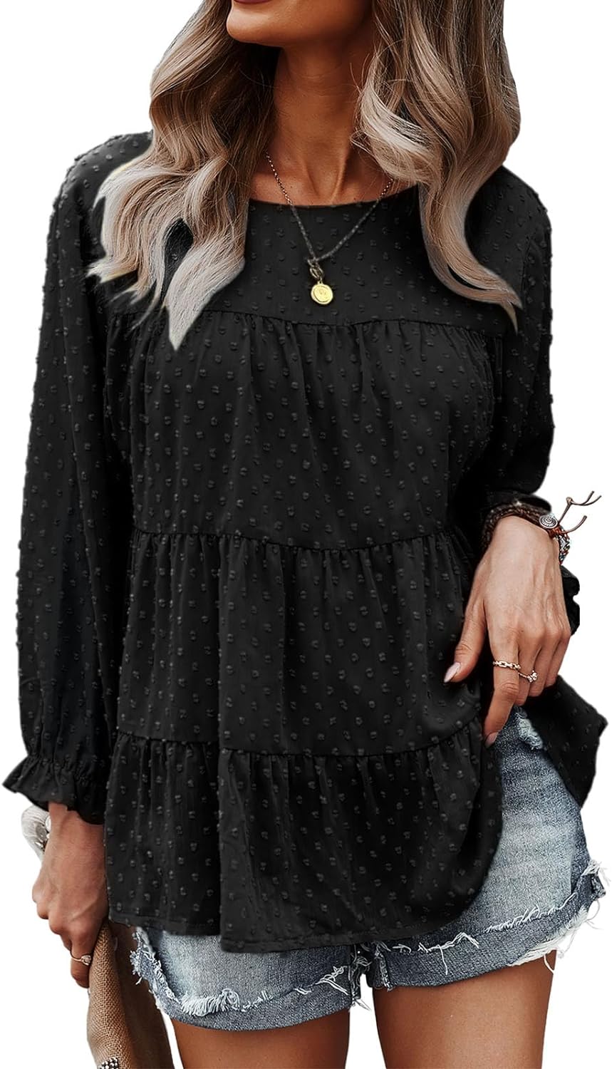 PRETTYGARDEN Women' Summer Loose Chiffon Blouse Mesh Long Sleeve Casual Round Neck Peplum Tops