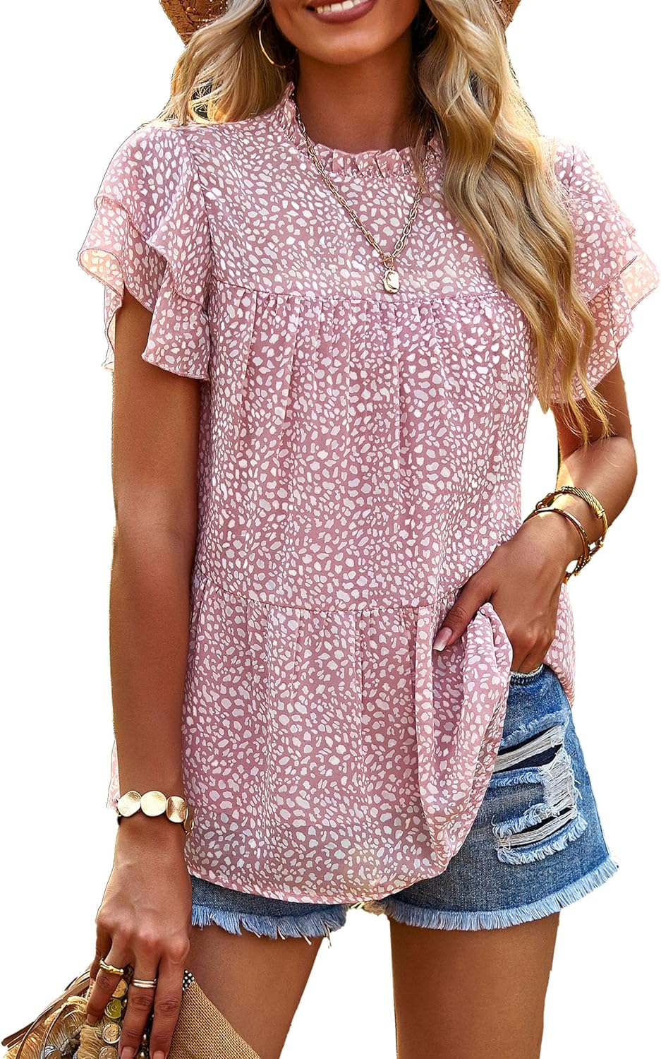 PRETTYGARDEN Women' Casual Summer Tops Ruffle Short Sleeve Mock Neck Fashion Floral Chiffon Blouse Shirts