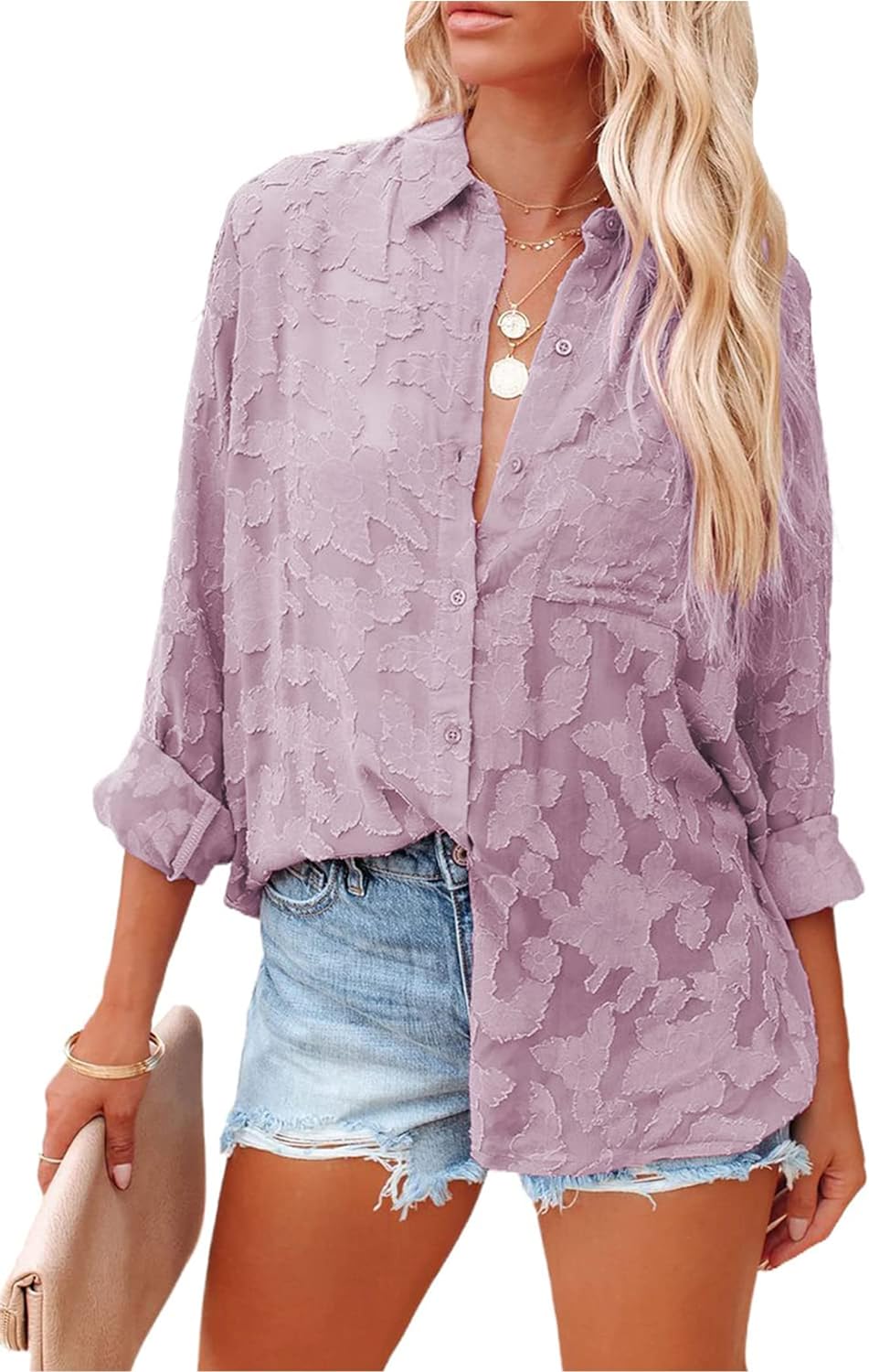 PRETTYGARDEN Women' Chiffon Blouse Solid Color Long Sleeve Button Down Elegant Jacquard Shirts Tops