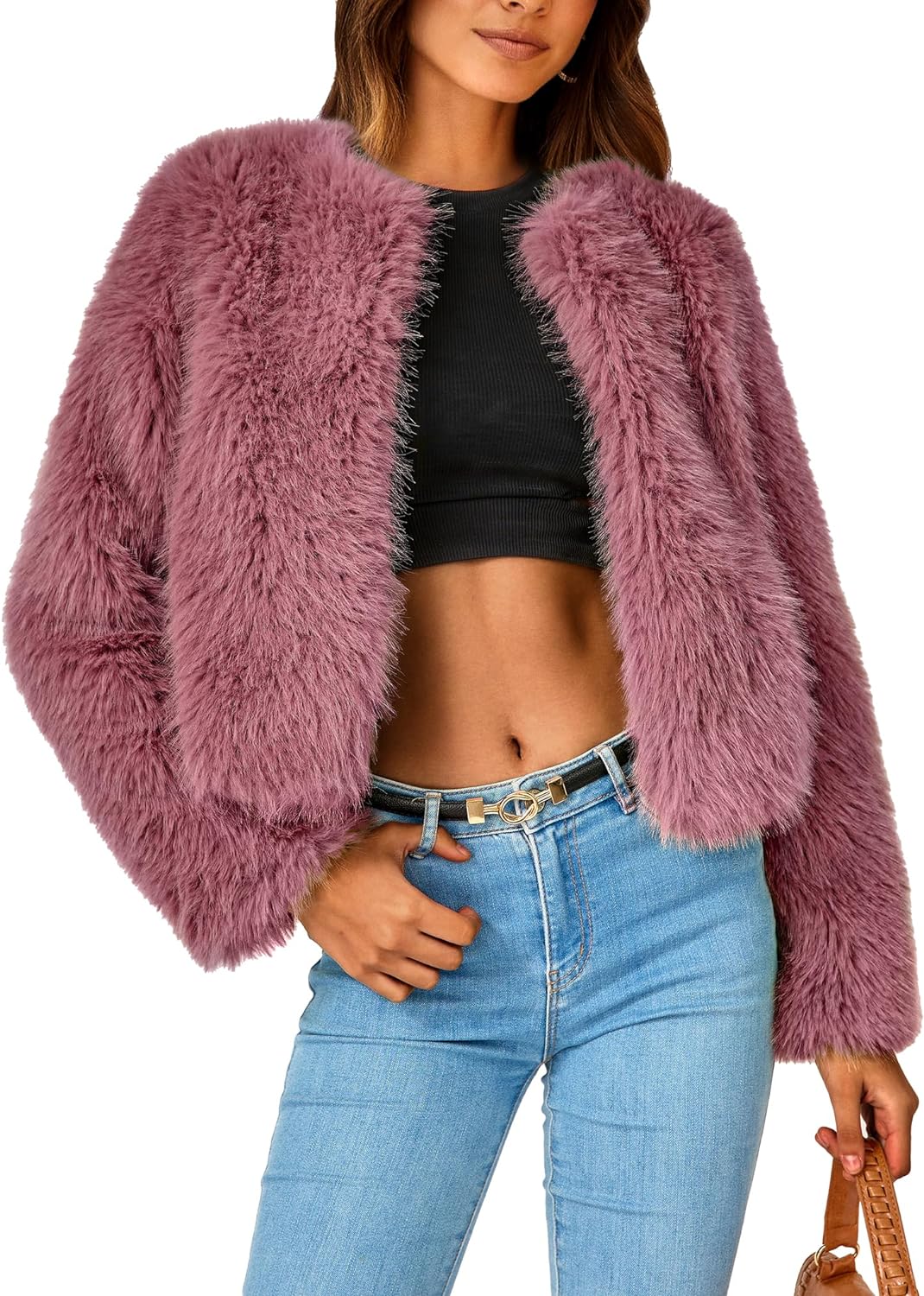 PRETTYGARDEN Women' 2024 Winter Coats Fleece Cropped Jacket Faux Fur Long Sleeve Pockets Shaggy Warm Outerwear Fall Clothes