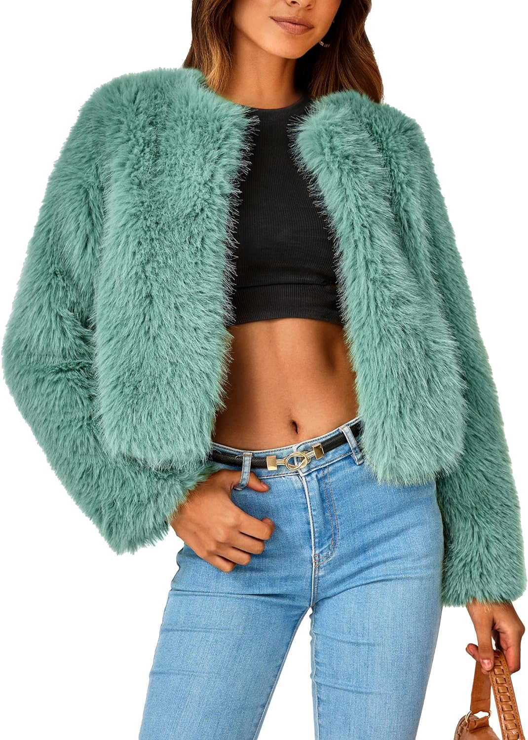 PRETTYGARDEN Women' 2024 Winter Coats Fleece Cropped Jacket Faux Fur Long Sleeve Pockets Shaggy Warm Outerwear Fall Clothes