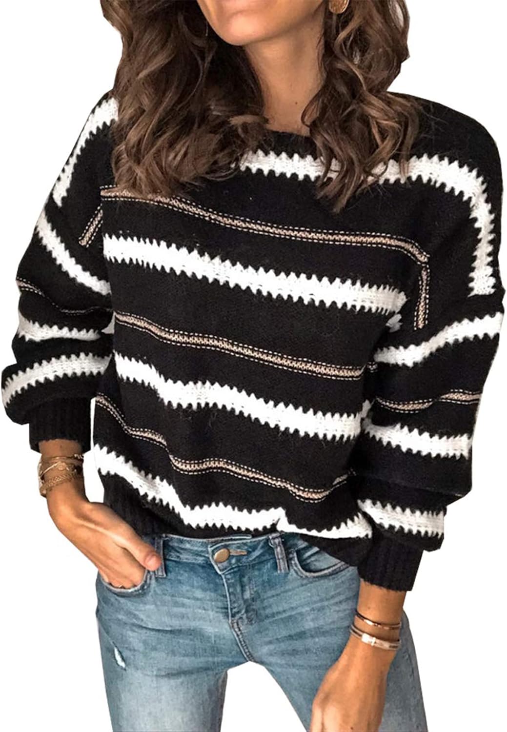 PRETTYGARDEN Women' Fashion Long Sleeve Striped Color Block Knitted Sweater Crew Neck Loose Pullover Jumper Tops