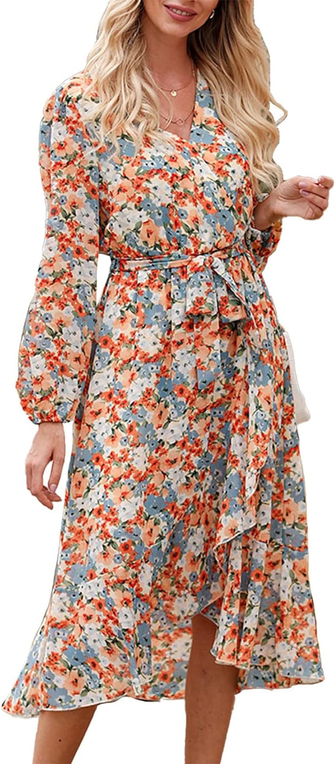 PRETTYGARDEN Women' Floral Print Boho Dress Long Sleeve Wrap V Neck Ruffle Belted A-Line Flowy Maxi Dresses