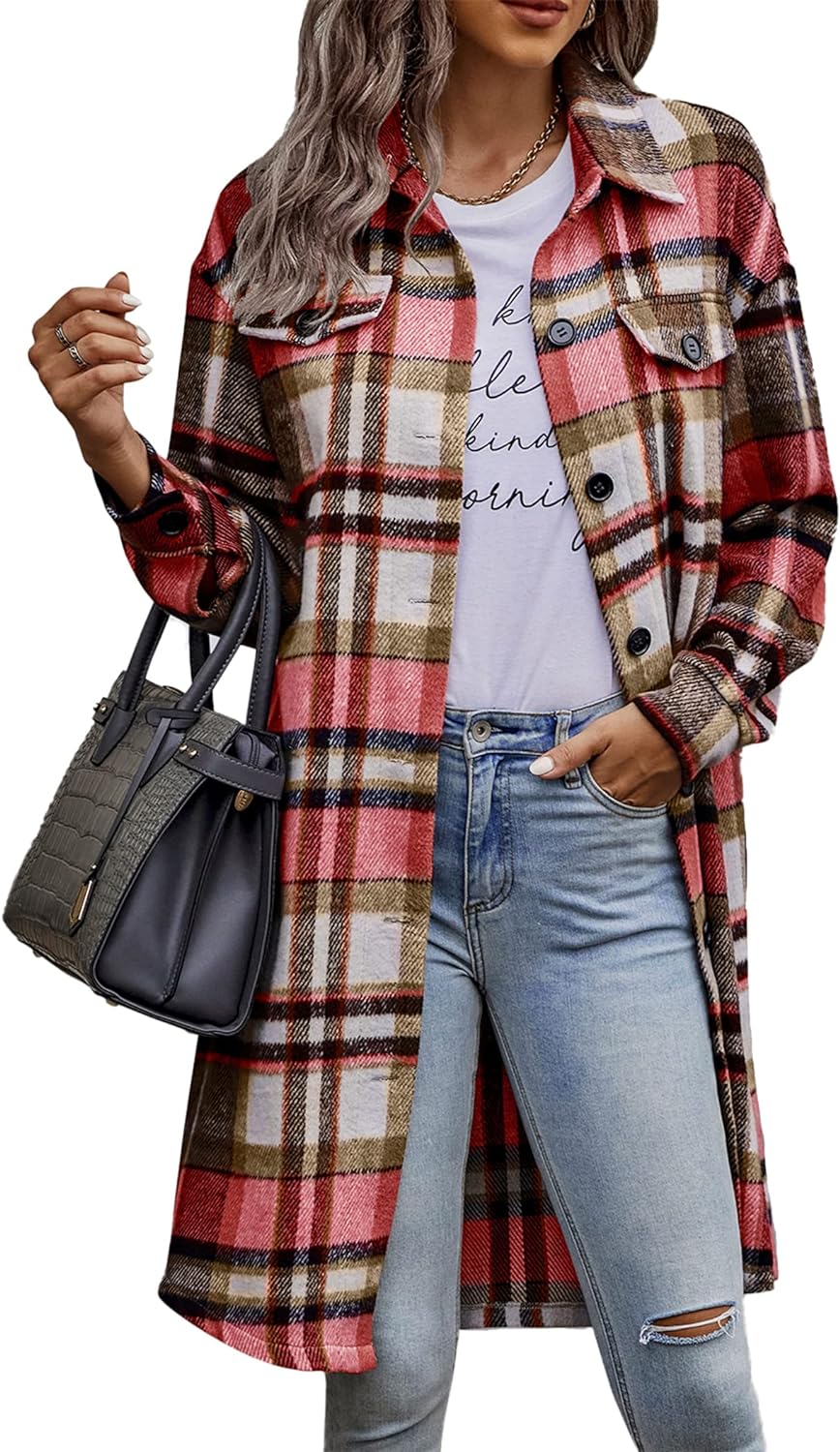 PRETTYGARDEN Women' Plaid Shacket 2024 Long Sleeve Button Up Flannel Shirt Winter Tartan Jacket Woolen Coats