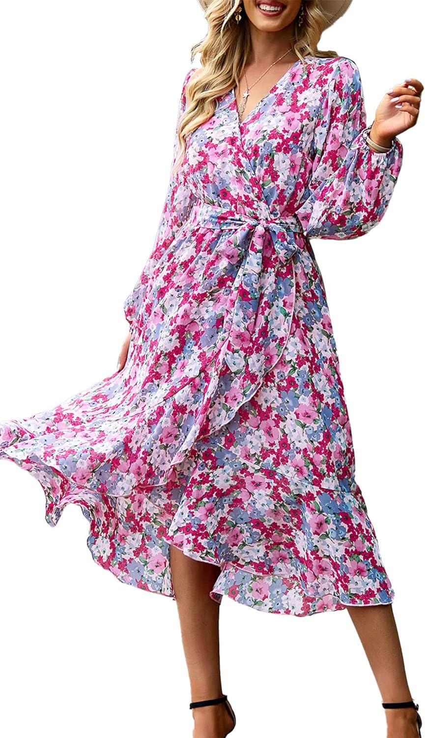 PRETTYGARDEN Women' Floral Print Boho Dress Long Sleeve Wrap V Neck Ruffle Belted A-Line Flowy Maxi Dresses