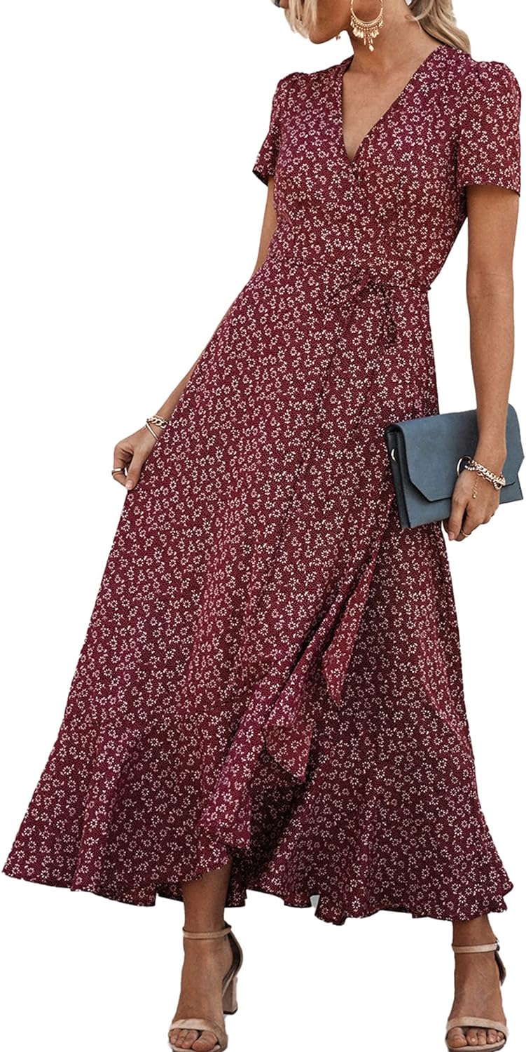 PRETTYGARDEN Women' Summer Wrap Maxi Dress Casual Boho Floral V Neck Short Sleeve Ruffle Hem Split Beach Long Dresses