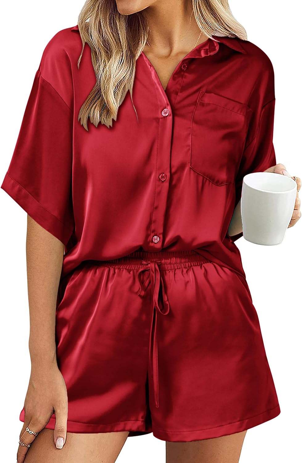 PRETTYGARDEN Women' 2 Piece Satin Pajama Sets Short Sleeve Button Down Tops And Shorts Set 2023 Summer Pjs Silk Sleepwear