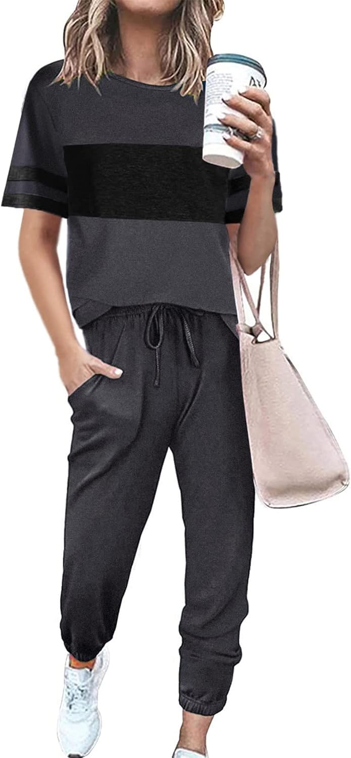 PRETTYGARDEN Women' Two Piece Outfit Short Sleeve Pullover with Drawstring Long Pants Tracksuit Jogger Set