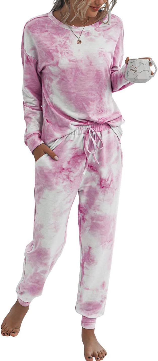 PRETTYGARDEN Women' Tie Dye Two Piece Pajamas Set Casual Long Sleeve Sweatshirt with Long Pants Loungewear