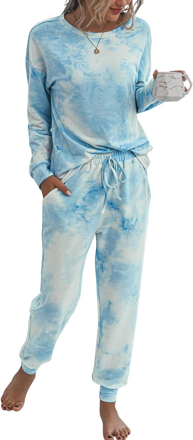 PRETTYGARDEN Women' Tie Dye Two Piece Pajamas Set Casual Long Sleeve Sweatshirt with Long Pants Loungewear