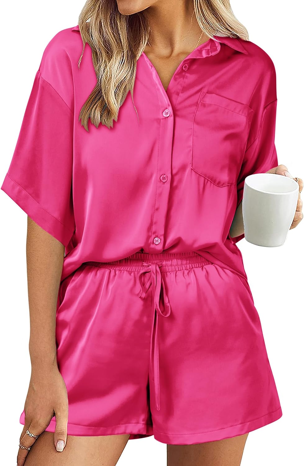 PRETTYGARDEN Women' 2 Piece Satin Pajama Sets Short Sleeve Button Down Tops And Shorts Set 2023 Summer Pjs Silk Sleepwear