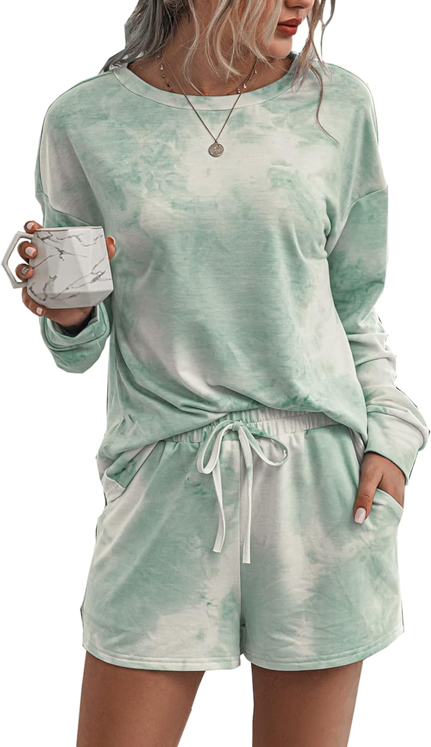 PRETTYGARDEN Women' Tie Dye Printed Pajamas Set Casual Long Sleeve Tops with Lounge Shorts Two Piece Sleepwear