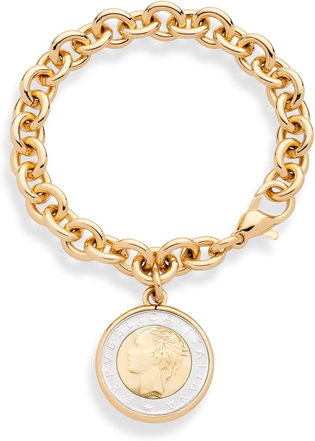 Miabella 18K Gold over Bronze Italian Genuine 500-Lira Coin Charm Rolo Link Chain Bracelet for Women Made in Italy