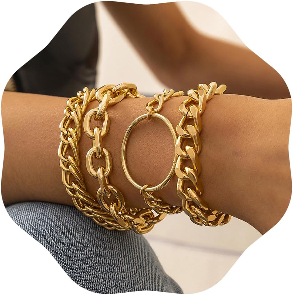 JWICOS Gold Chunky Chain Bracelet for Women and Girls Charm Boho Bracelet for Teen Girls Women Flat Cable Chunky Chain Bangle with Circle Set of 4