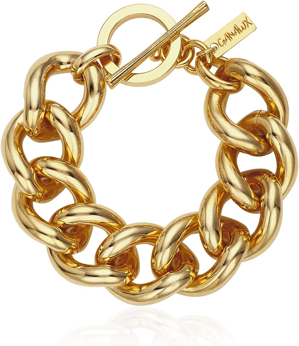 GANALUX 18K Gold Plated Curb Chain Bracelet for Women, Bold Chunky Jewelry Made in Korea