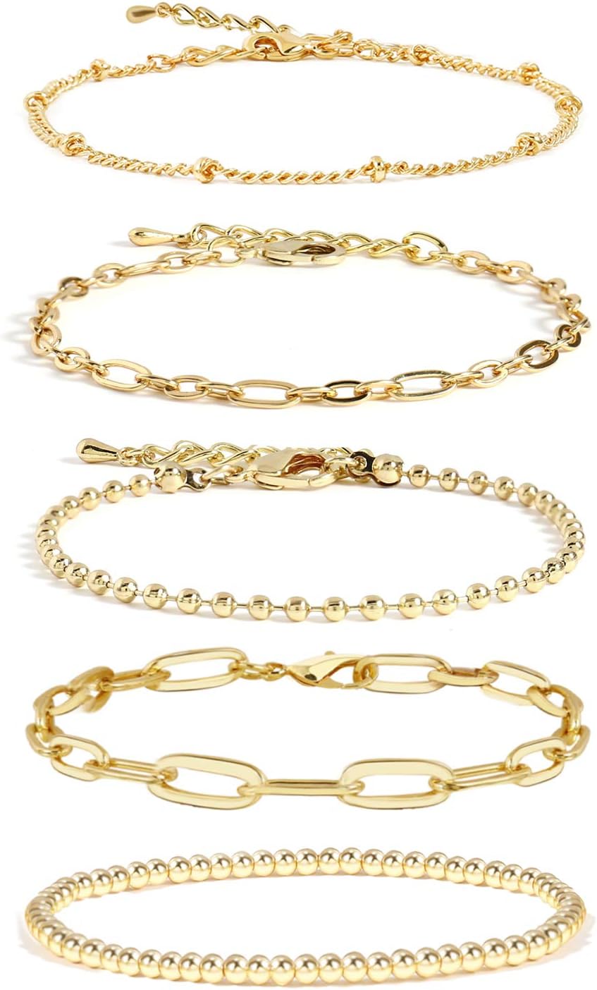 CONRAN KREMIX Gold Bracelet Sets for Women Girls 14K Real Gold Chain Dainty Link Paperclip Bracelets Stake Adjustable Layered Link Bracelet Set Fashion Jewelry