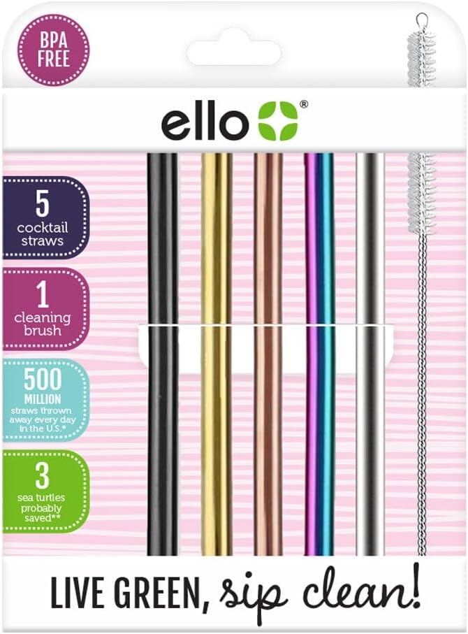 Ello 5-Pack Stainless Steel Reusable Cocktail Straws with Cleaning Brush (Metallic Multicolor)