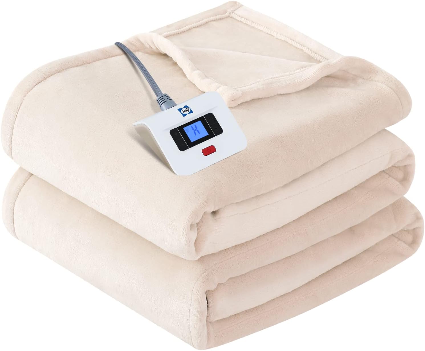 SEALY Electric Blanket Twin Size, Flannel Heated Blanket with 10 Heating Levels & 1-12 Hours Auto Shut Off, Fast Heating Warm Blanket, Machine Washable, Beige, 62 x 84 Inch