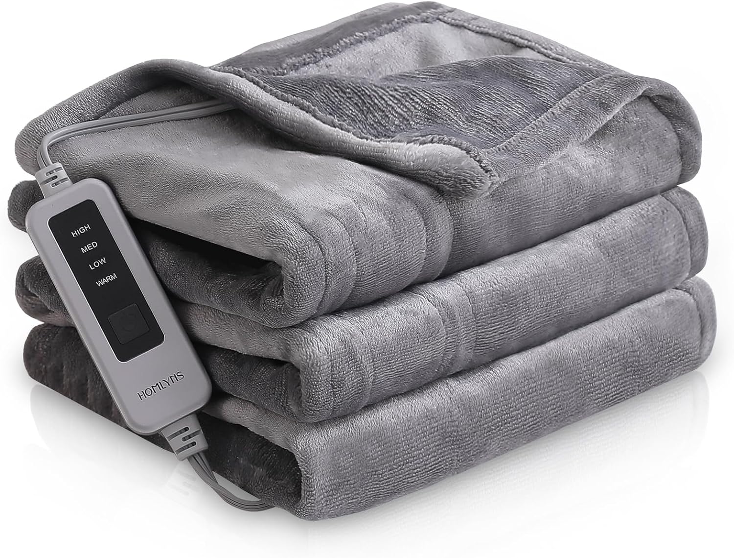 HOMLYNS Electric Heated Blanket with 3 Hours Timer Auto-Off & 4 Heating Levels, Flannel with ETL Certification, Machine Washable Heated Throw (50 x 60, Grey)