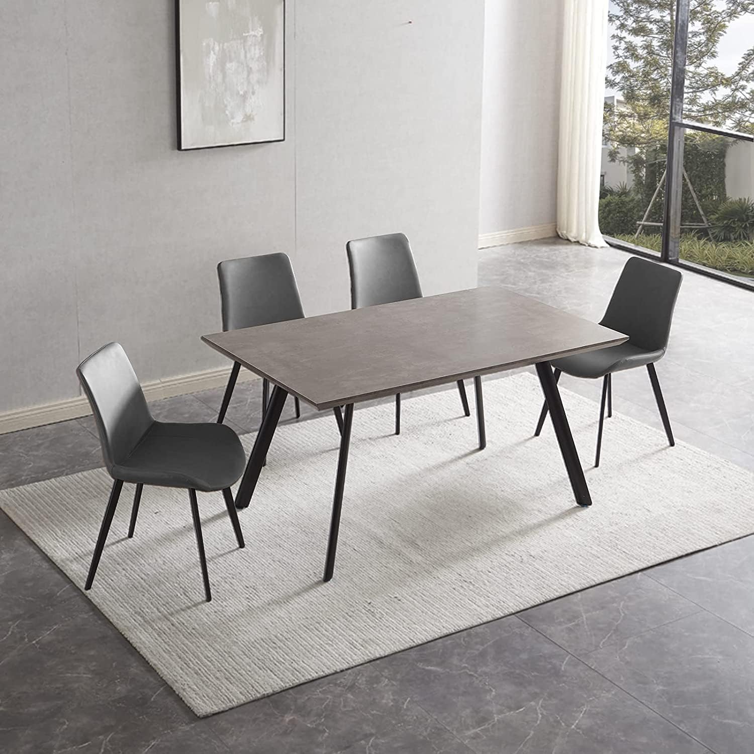 ZckyCine Modern mid-Century Dining Table 5-Piece Kitchen Table Set for 4 People Rectangular Wood Dining Table with 4 upholstered Leather Chairs