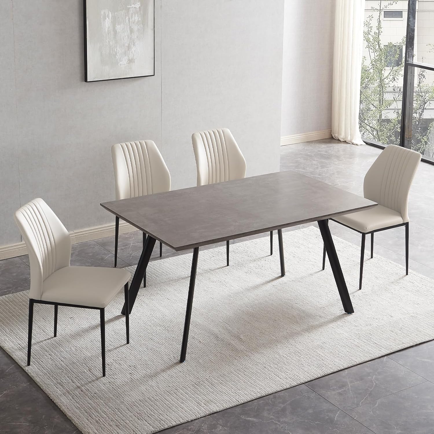 ZckyCine Modern Dining Table 5-Piece Kitchen Table Set for 4 People Rectangular Wood Dining Table with 4 upholstered Leather Chairs (47.2inches Table + 4 White Chairs)