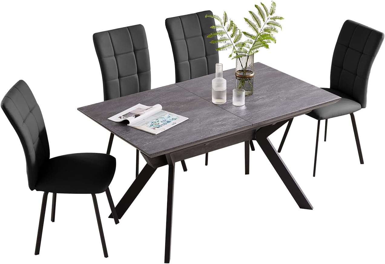 ZckyCine Dining Room Table Set 4-8 Person Kitchen Table and Chairs Modern Extendable Dining Table with 4 Leather Upholstered Dining Chairs