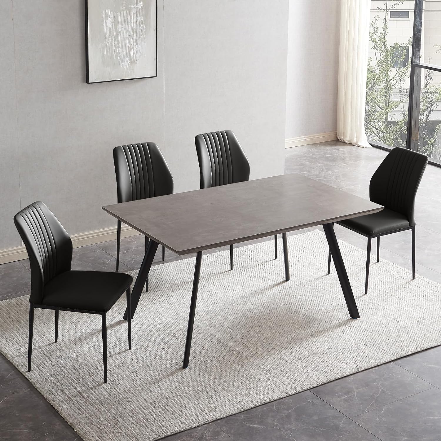 ZckyCine Modern mid-Century Dining Table 5-Piece Kitchen Table Set for 4 People Rectangular Wood Dining Table with 4 upholstered Leather Chairs (47.2 inches Table + 4 Blak Chairs)