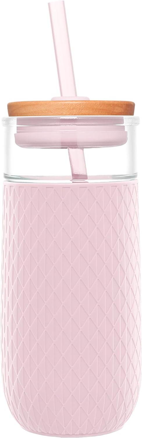 Ello Devon Glass Tumbler with Splash Proof Wooden Lid and Straw, Protective No Sweat Silicone Sleeve, Perfect for Smoothies and Iced Coffee, BPA Free, Dishwasher Safe, Pink Satin, 18oz