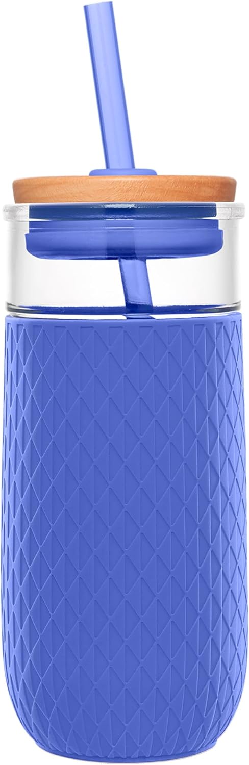 Ello Devon Glass Tumbler with Splash Proof Wooden Lid and Straw, Protective No Sweat Silicone Sleeve, Perfect for Smoothies and Iced Coffee, BPA Free, Dishwasher Safe, Denim, 18oz