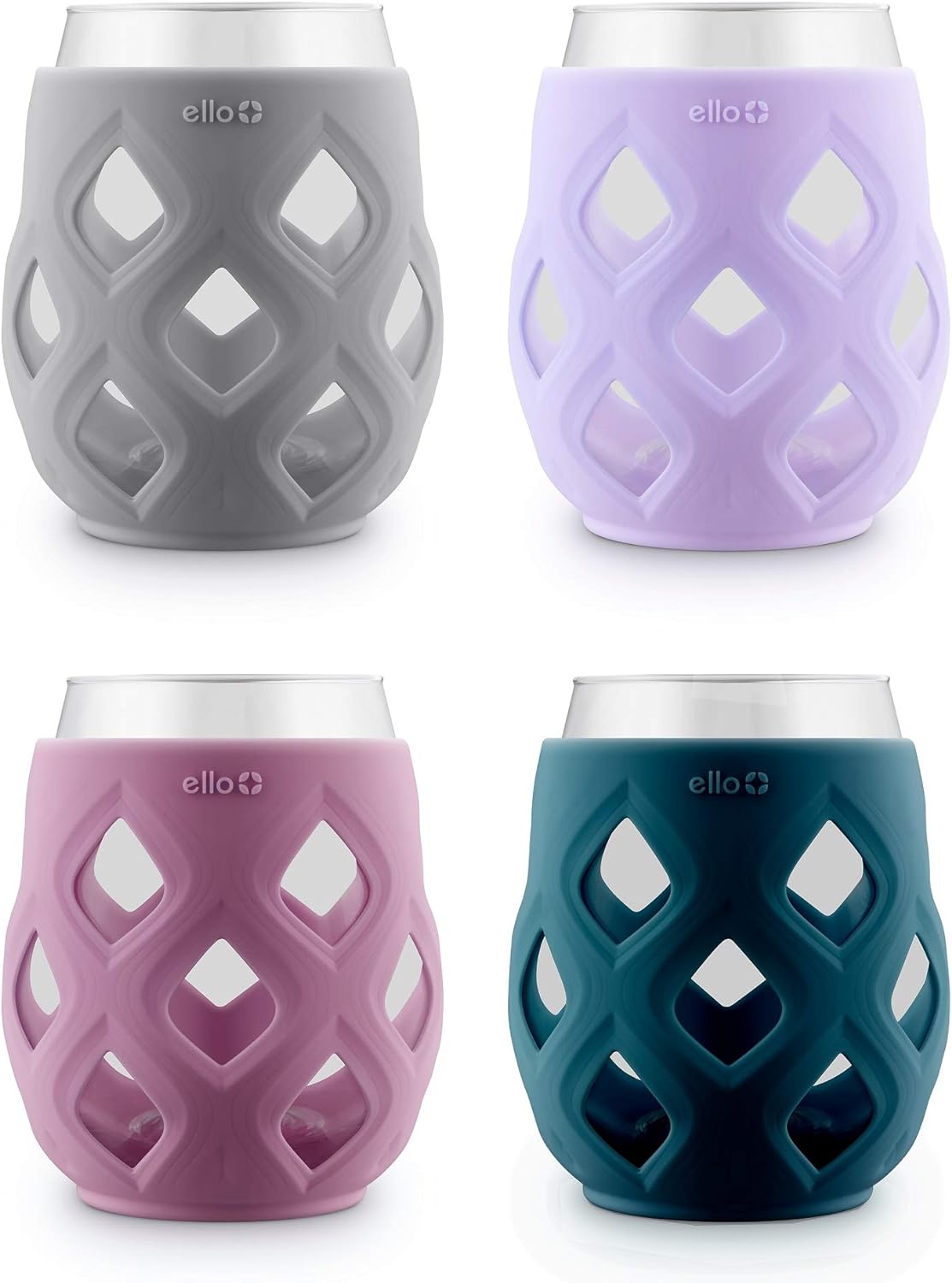 Ello Cru 17oz Stemless Wine Glass Set with Protective Silicone Sleeves, Cocktail Glass Pack Perfect for Summer Patios and Parties Holiday Gift for Her Him, Dishwasher Safe