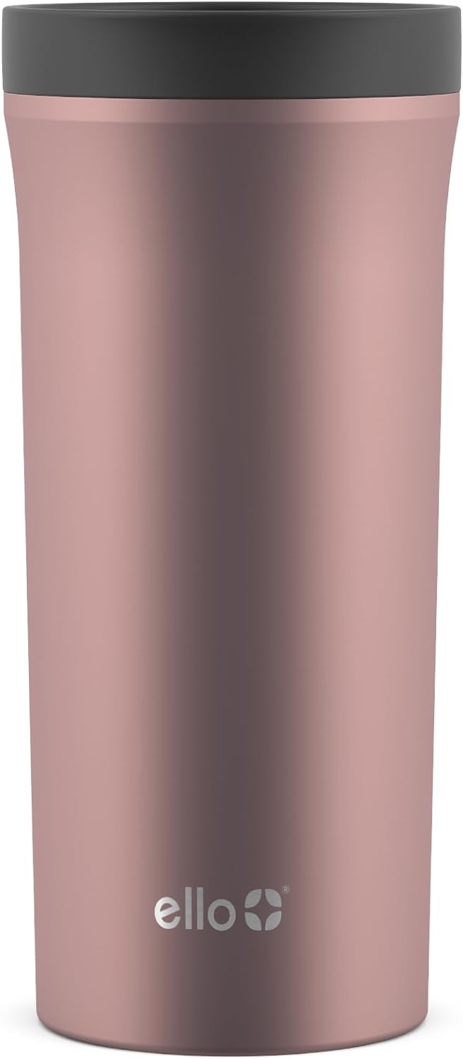 Ello Arabica 14oz Vacuum Insulated Stainless Steel Powder Coat Coffee Travel Mug with Leak-Proof Slider Lid, Keeps Hot for 5 Hours, Perfect for Coffee or Tea, BPA-Free Tumbler, Rosegold