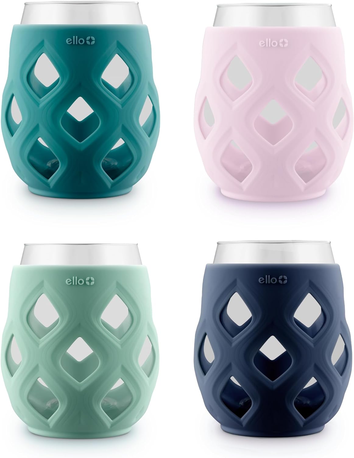 Ello Cru 17oz Stemless Wine Glass Set with Protective Silicone Sleeves, Cocktail Glass Pack Perfect for Summer Patios and Parties Holiday Gift for Her Him, Dishwasher Safe