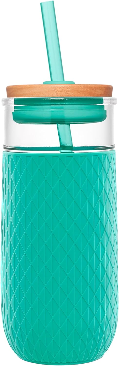 Ello Devon Glass Tumbler , Protective No Sweat Silicone Sleeve and Splash Proof Wooden Detail Lid with Straw, 18 oz