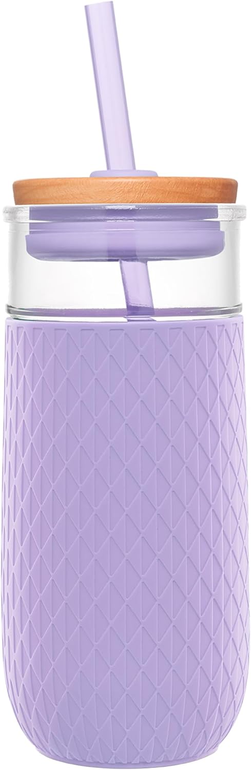 Ello Devon Glass Tumbler with Splash Proof Wooden Lid and Straw, Protective No Sweat Silicone Sleeve, Perfect for Smoothies and Iced Coffee, BPA Free, Dishwasher Safe, Lilac, 18oz