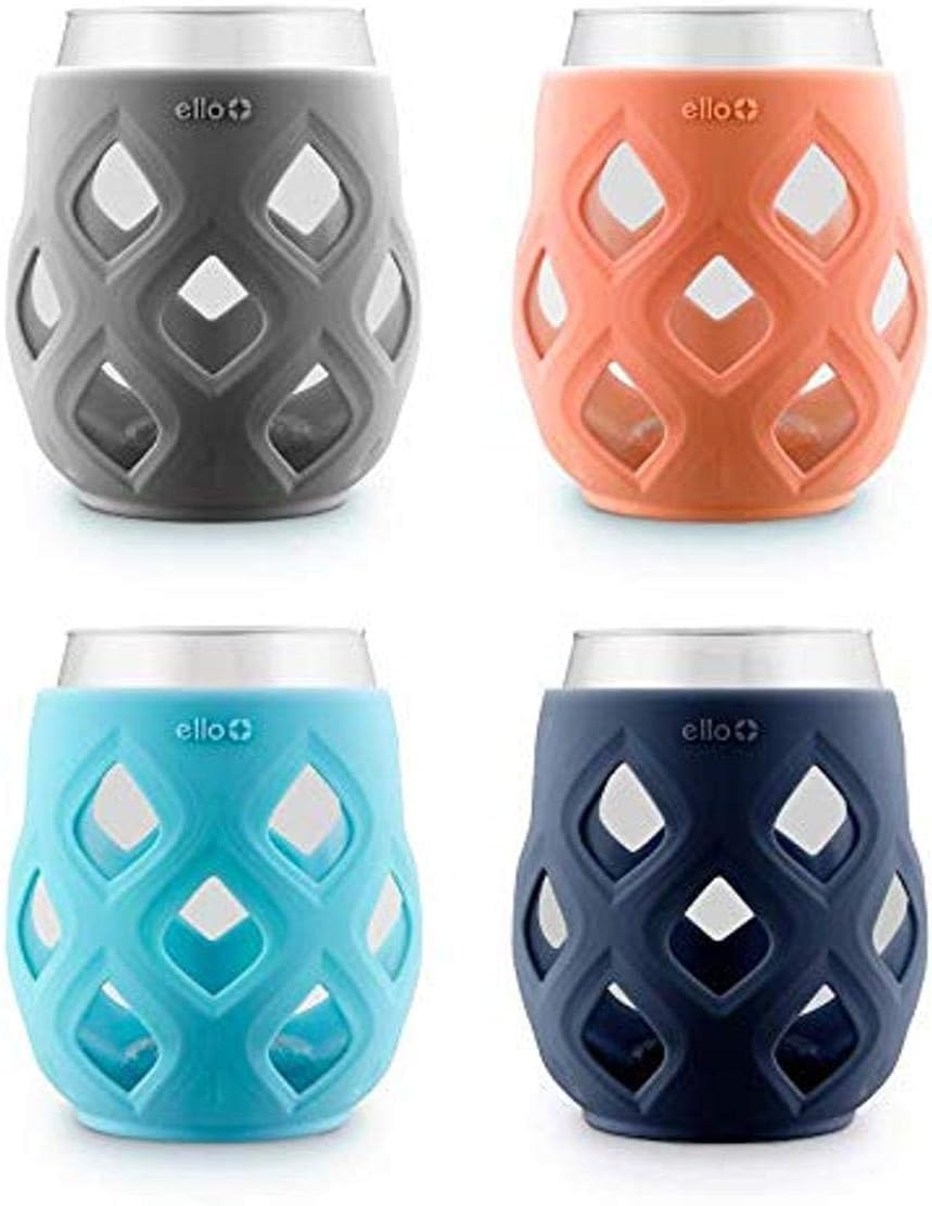 Ello Cru 17oz Stemless Wine Glass Set with Protective Silicone Sleeves, Cocktail Glass Pack Perfect for Summer Patios and Parties Holiday Gift for Her Him, Dishwasher Safe