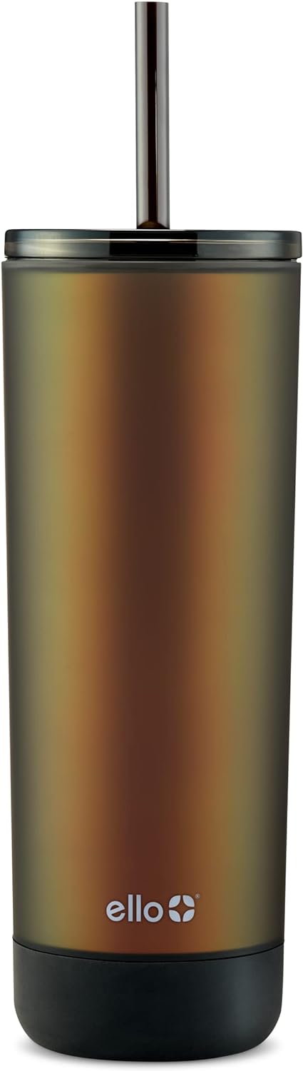 Ello Monterey Double Walled Insulated Plastic Tumbler with Straw and Built-in Coaster, BPA Free, 24oz