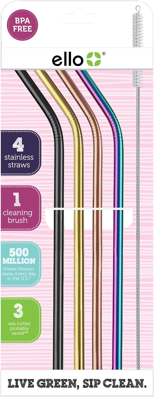 Ello Impact Stainless Steel Reusable Straws with Cleaning Brush, 4 Piece, Metallics