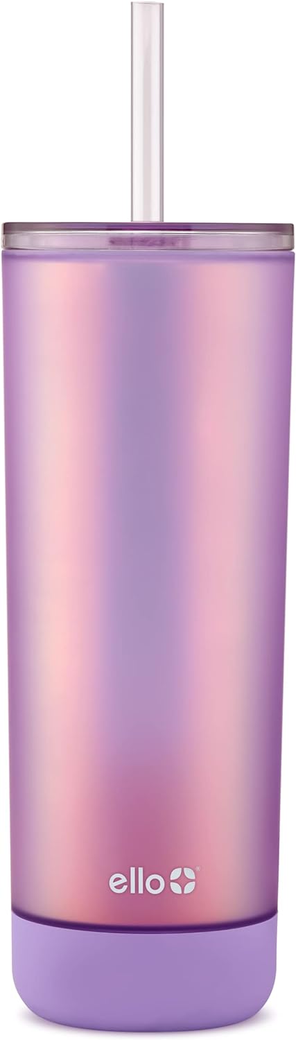 Ello Monterey Double Walled Insulated Plastic Tumbler with Straw and Built-in Coaster, BPA Free, 24oz