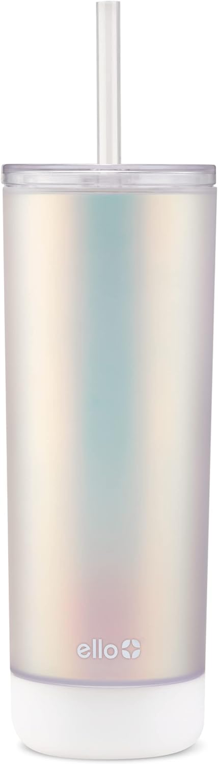 Ello Monterey Double Walled Insulated Plastic Tumbler with Straw and Built-in Coaster, BPA Free, 24oz