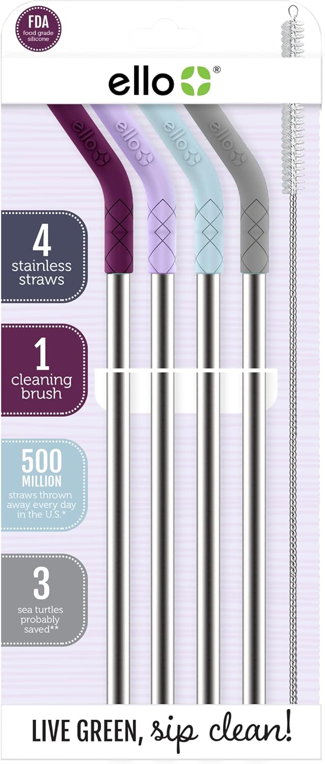 Ello Impact Reusable Stainless Steel Straws with Cleaning Brush, 4 Piece, Berry Smoothie