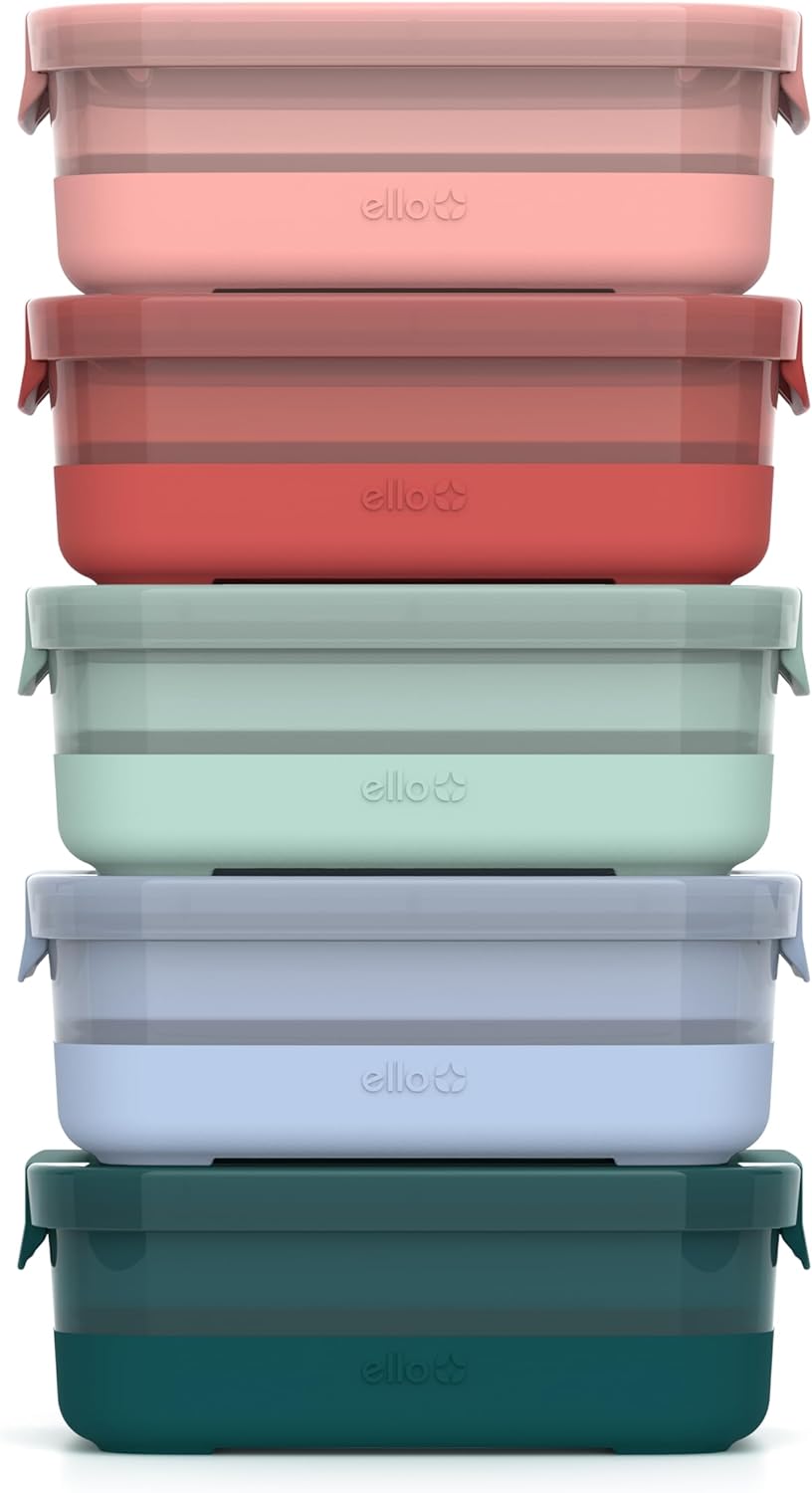 Ello Plastic 3.7 Cup Meal Prep Set 10 Pc, 5 Pack Set - BPA Free Plastic Food Storage Container with Silicone Boot and Airtight Plastic Lids, Dishwasher, Microwave, and Freezer Safe, Melon